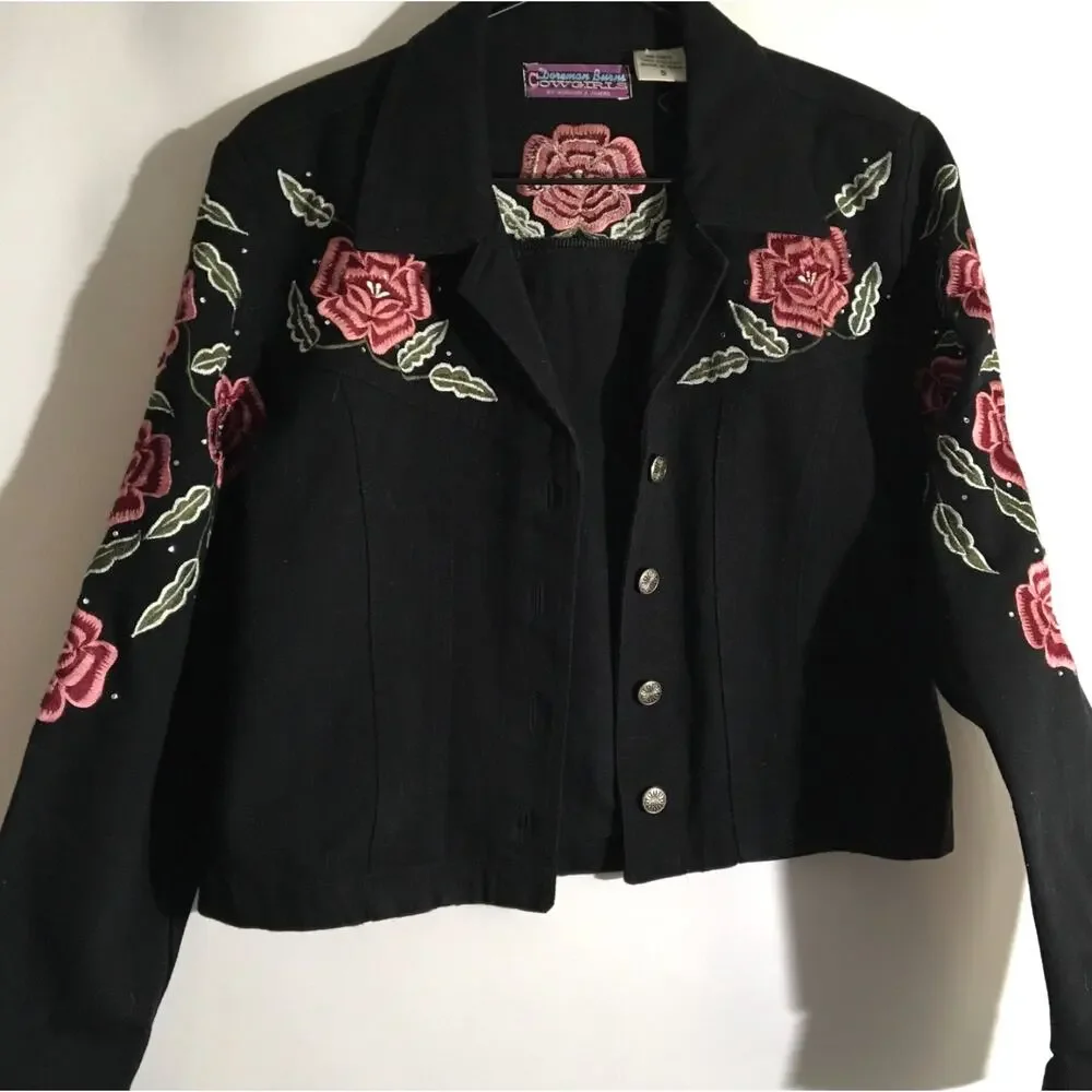 Doreman Burns Cowgirls Black Denim Fringe Floral Embroidered Western Jacket Sz S - Picture 1 of 6